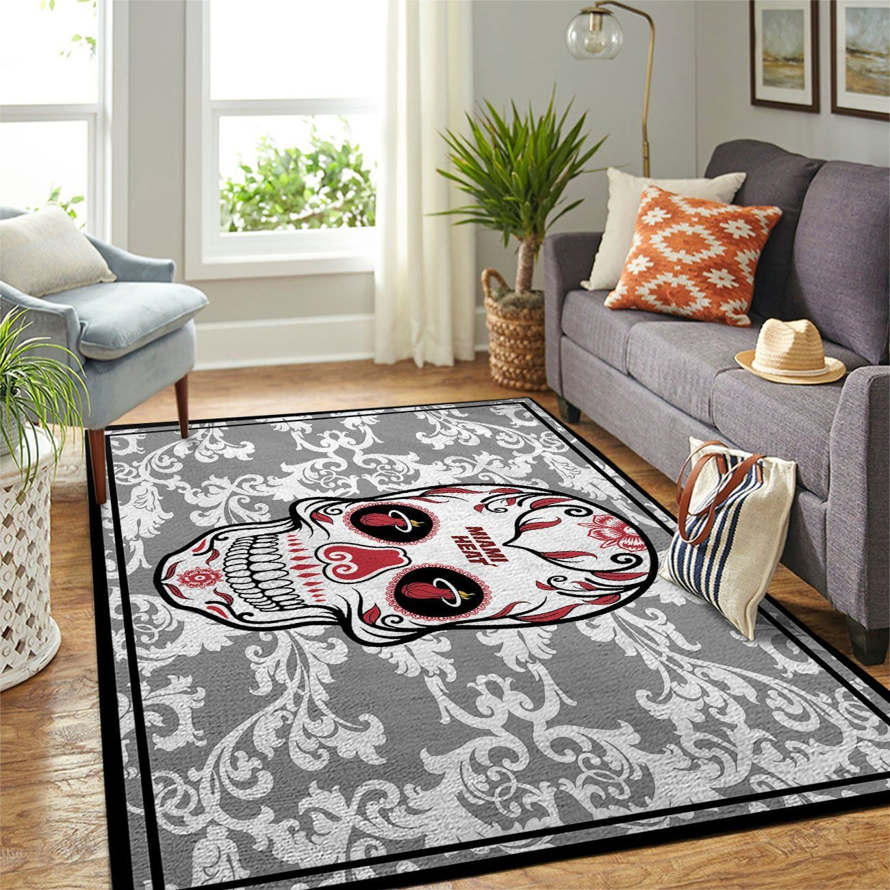 Miami Heat Team Logo Skull Flower Rectangle Area Rug – Full Print Carpet For Living Room & Bedroom Home Decor