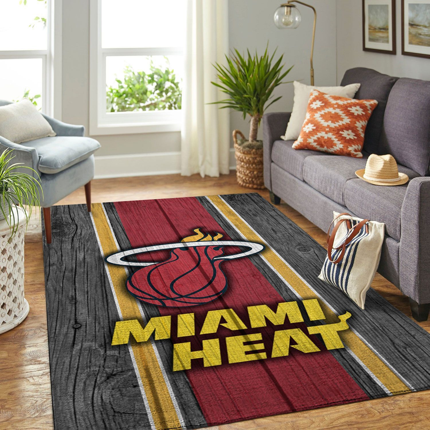 Miami Heat Team Logo Wooden Rectangle Area Rug – Full Print Carpet For Living Room & Bedroom Home Decor