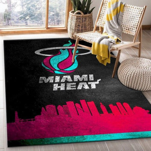 Miami Heat Vice Skyline Team Logo Rectangle Area Rug – Full Print Carpet For Living Room & Bedroom Home Decor