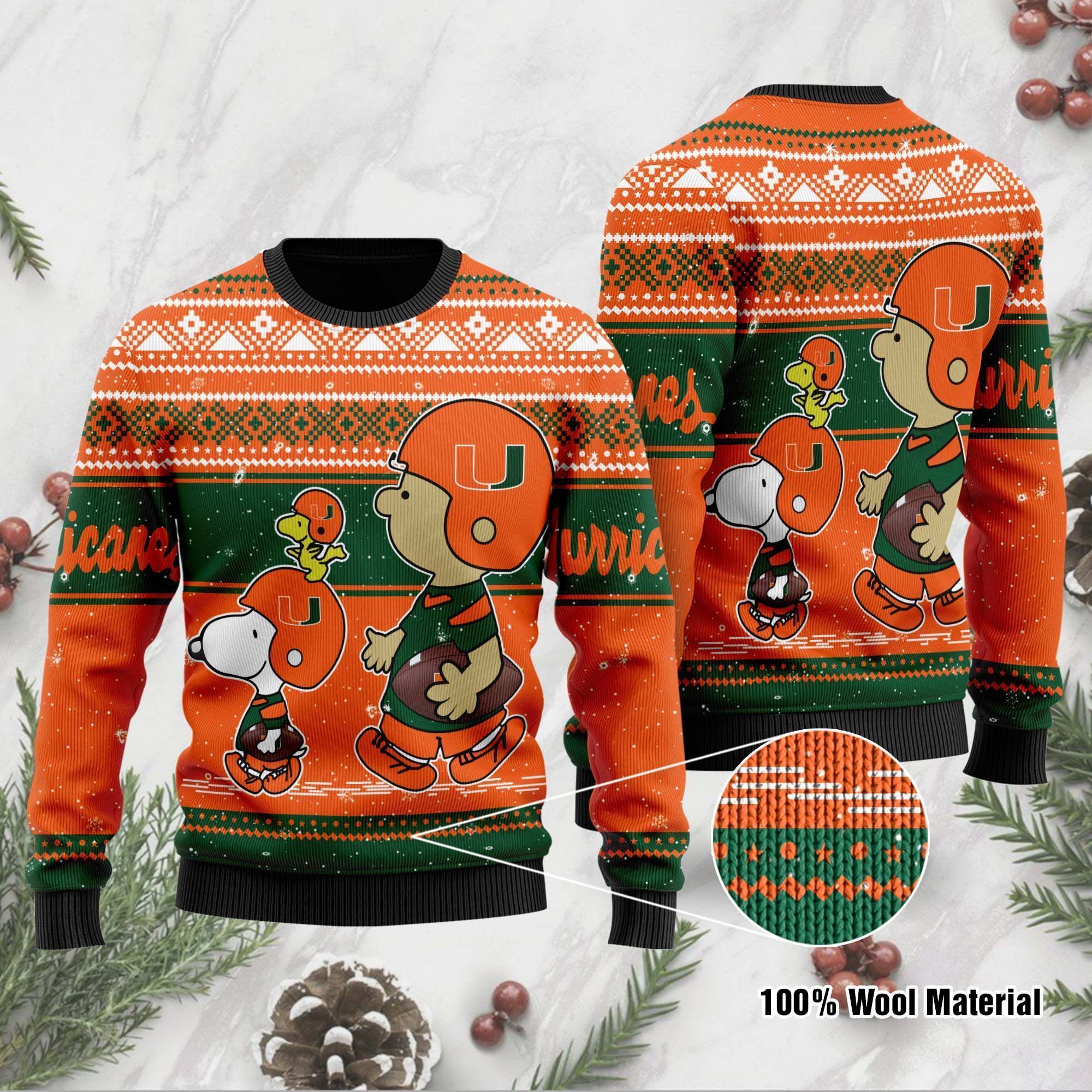 Miami Hurricanes Charlie Brown Snoopy Wear Football Jersey Ugly Christmas Sweater Party