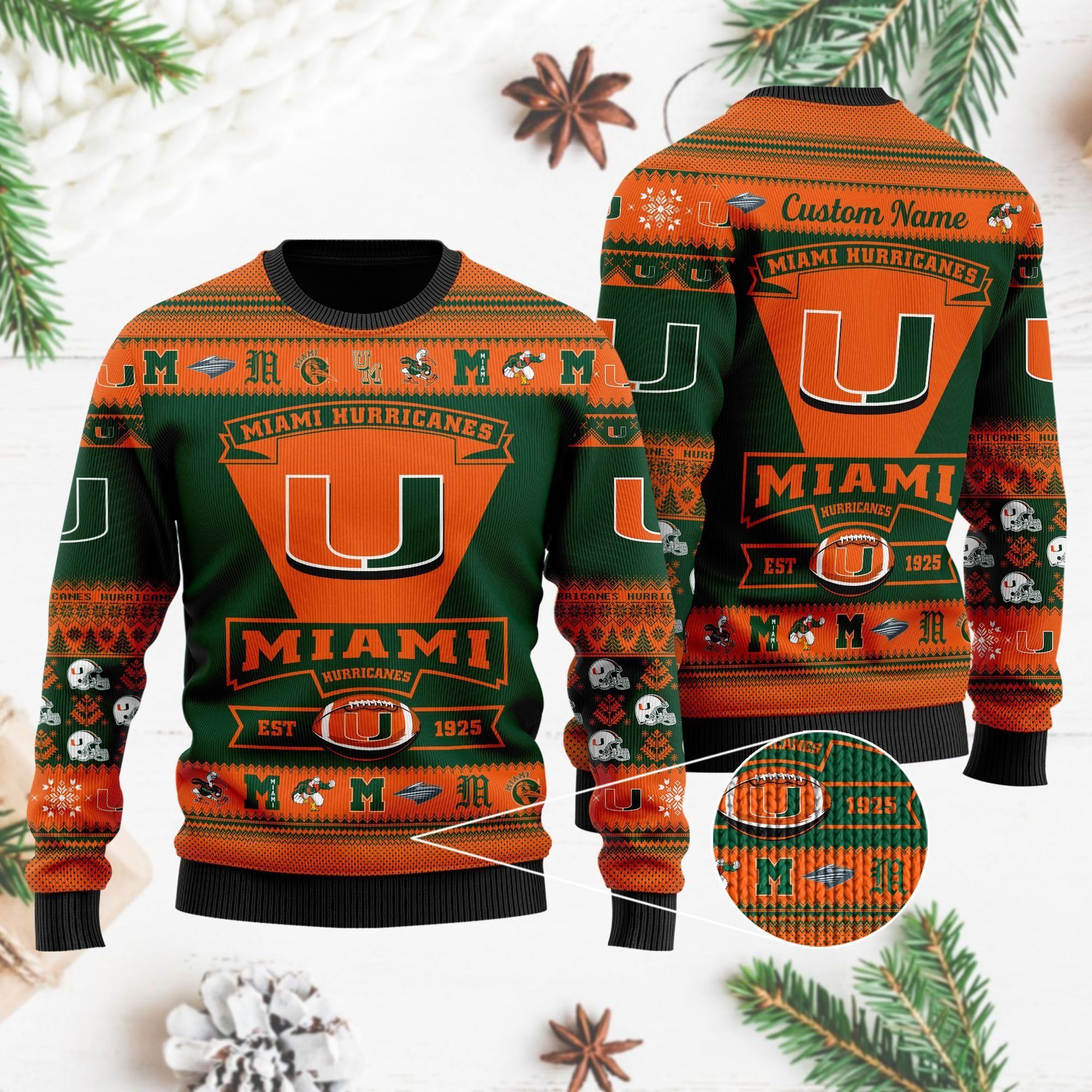 Miami Hurricanes Football Team Logo Custom Name Personalized Ugly Christmas Sweater Holiday Party Men Women Plus Size