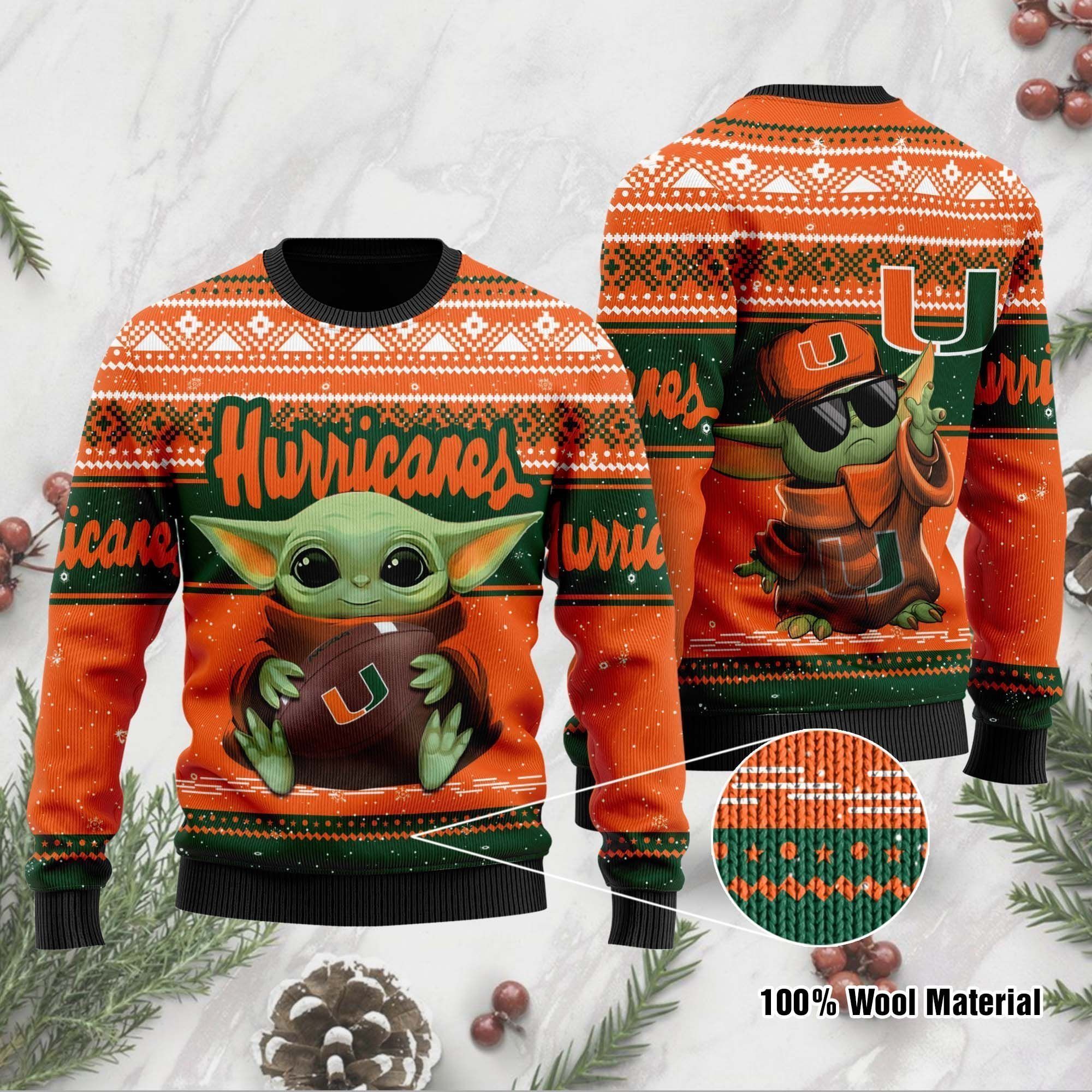 Miami Hurricanes Grogu Baby Yoda Hug Logo Ugly Christmas Sweater Party