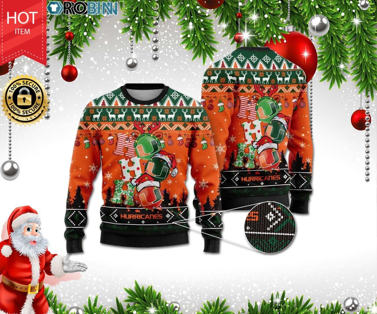Miami Hurricanes Ho Ho Ho 3D Print Ugly Christmas Sweater,