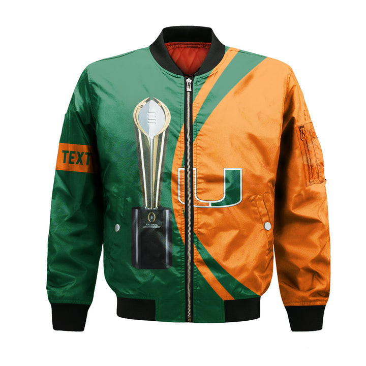 Miami Hurricanes Personalized Text Champions Bomber Jacket | NCAA College Team Jacket for Men & Women | Sports Fan Gift