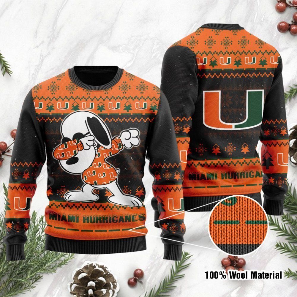 Miami Hurricanes Snoopy Dabbing Ugly Christmas Sweater Holiday Party Men Women Full Plus Size