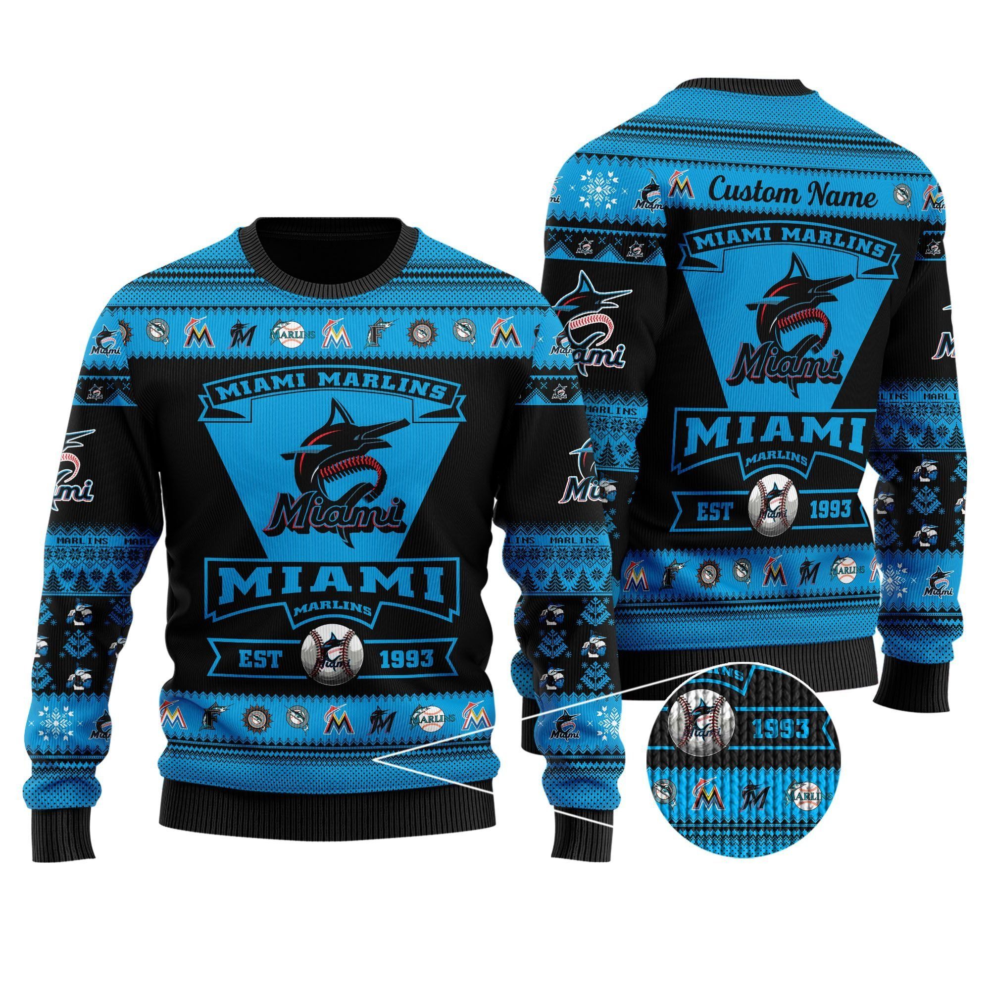 Miami Marlins Football Team Logo Custom Name Personalized Ugly Christmas Sweater Holiday Party Men Women Plus Size