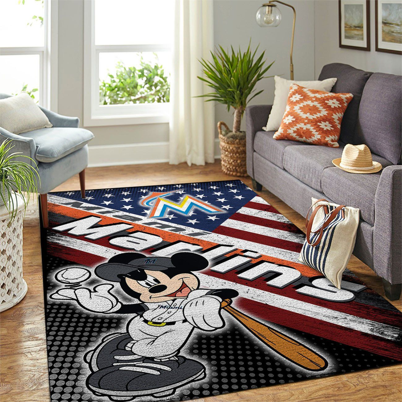 Miami Marlins Team Logo Mickey Us Rectangle Area Rug – Full Print Carpet For Living Room & Bedroom Home Decor