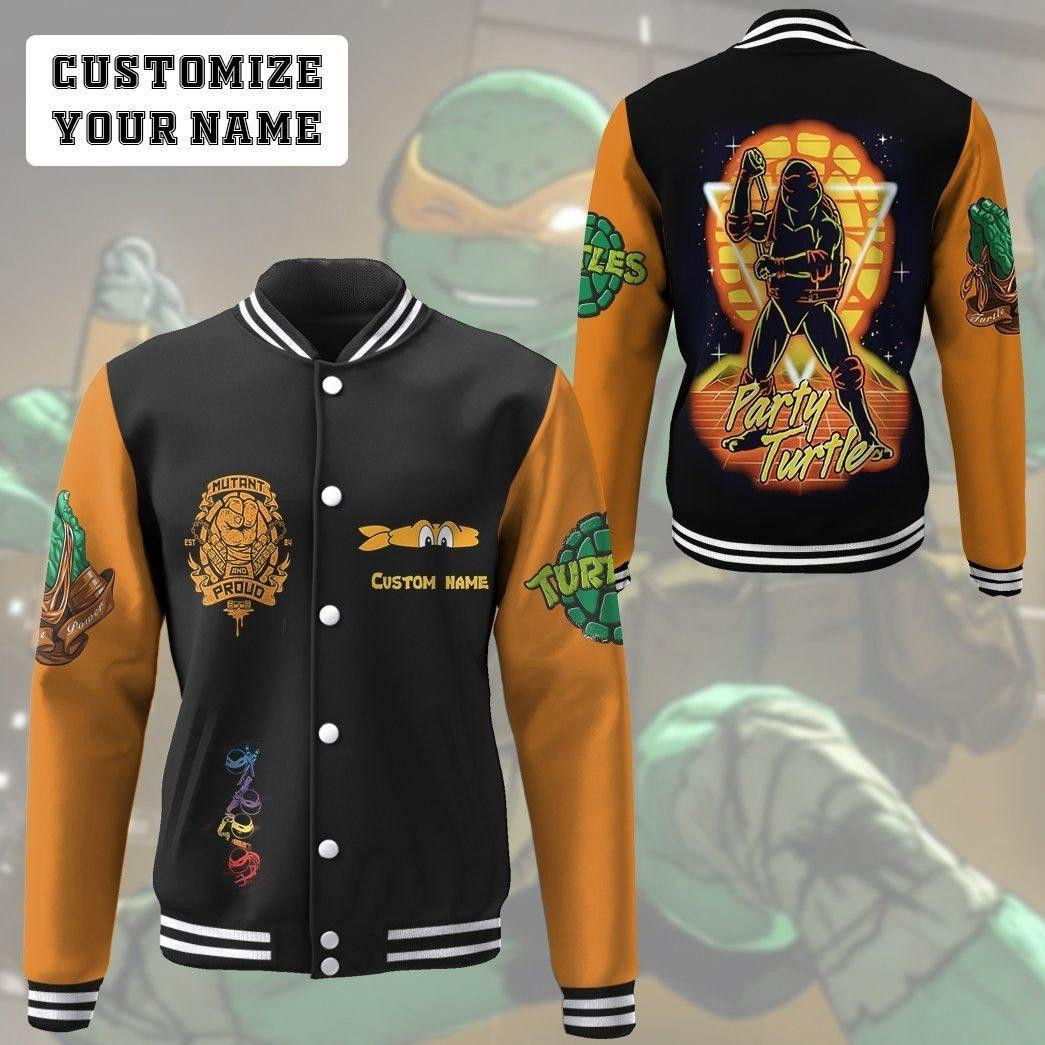 Michelangelo TMNT Orange Cosplay Personalized Name Baseball Jacket for Men & Women | Cartoon Fan Gift