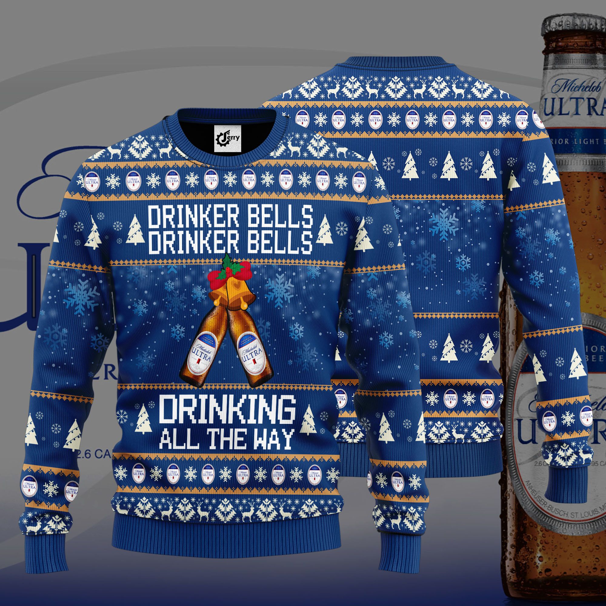 Michelob Ultra Drinker Bells Drinker Bells Drinking All The Way Ugly Christmas Sweater