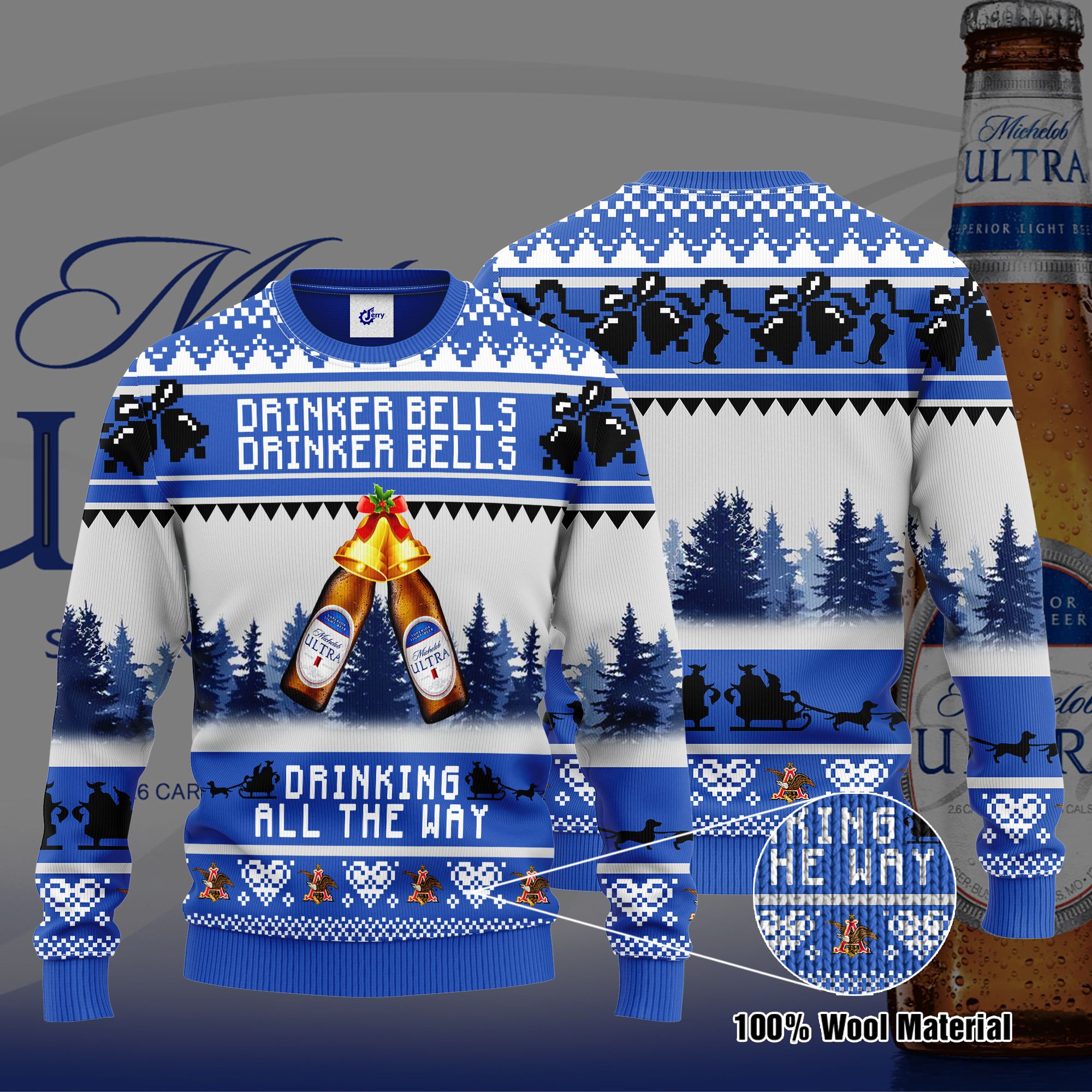 Michelob Ultra Drinker Bells Drinker Bells Drinking All The Way Ugly Christmas Sweater, Hoodie, Zip Hoodie, Bomber Jacket