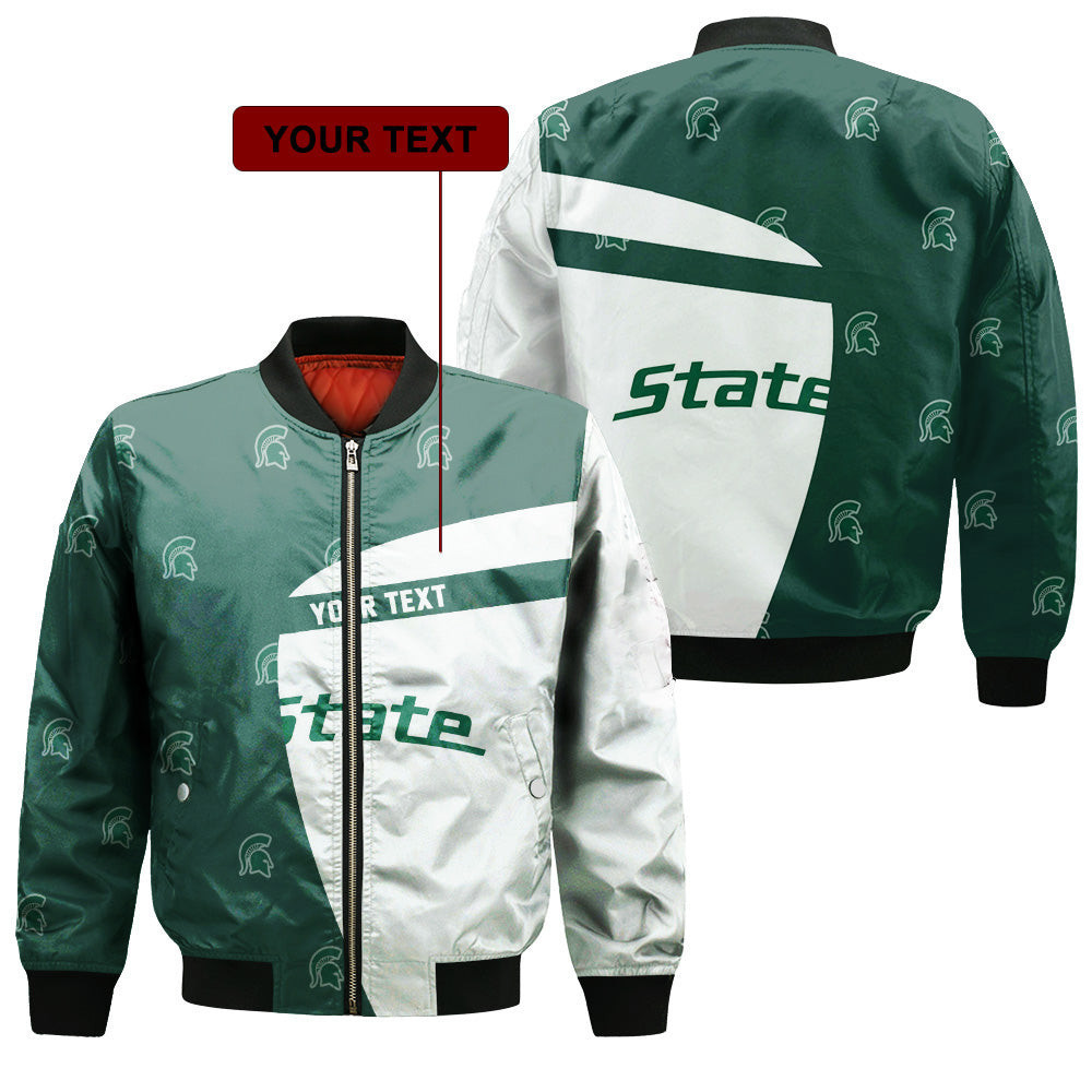 Michigan State Spartans Personalized Text Green White Bomber Jacket | NCAA College Team Jacket for Men & Women | Sports Fan Gift