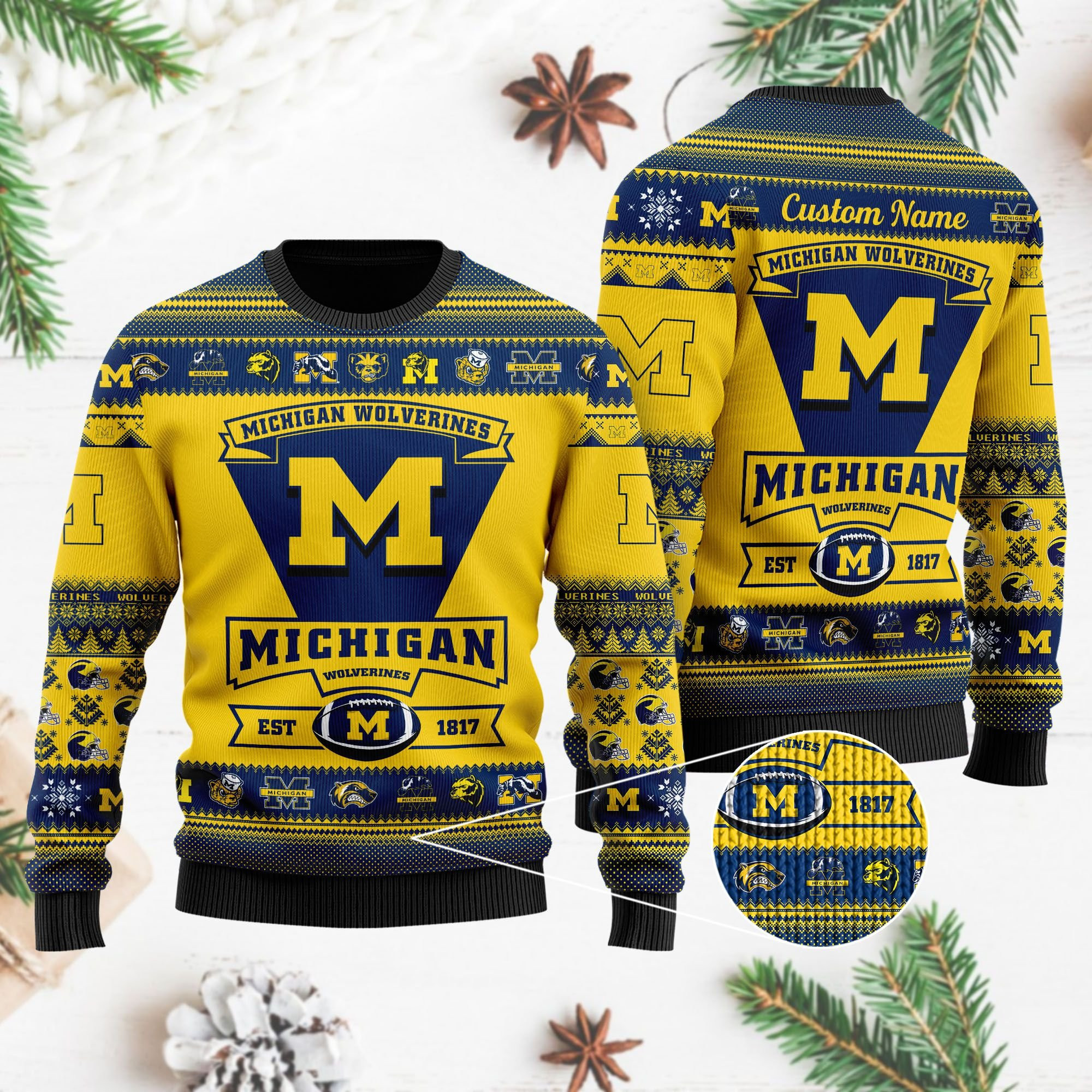 Michigan Wolverines Football Team Logo Custom Name Personalized Ugly Christmas Sweater Perfect Holiday Gift