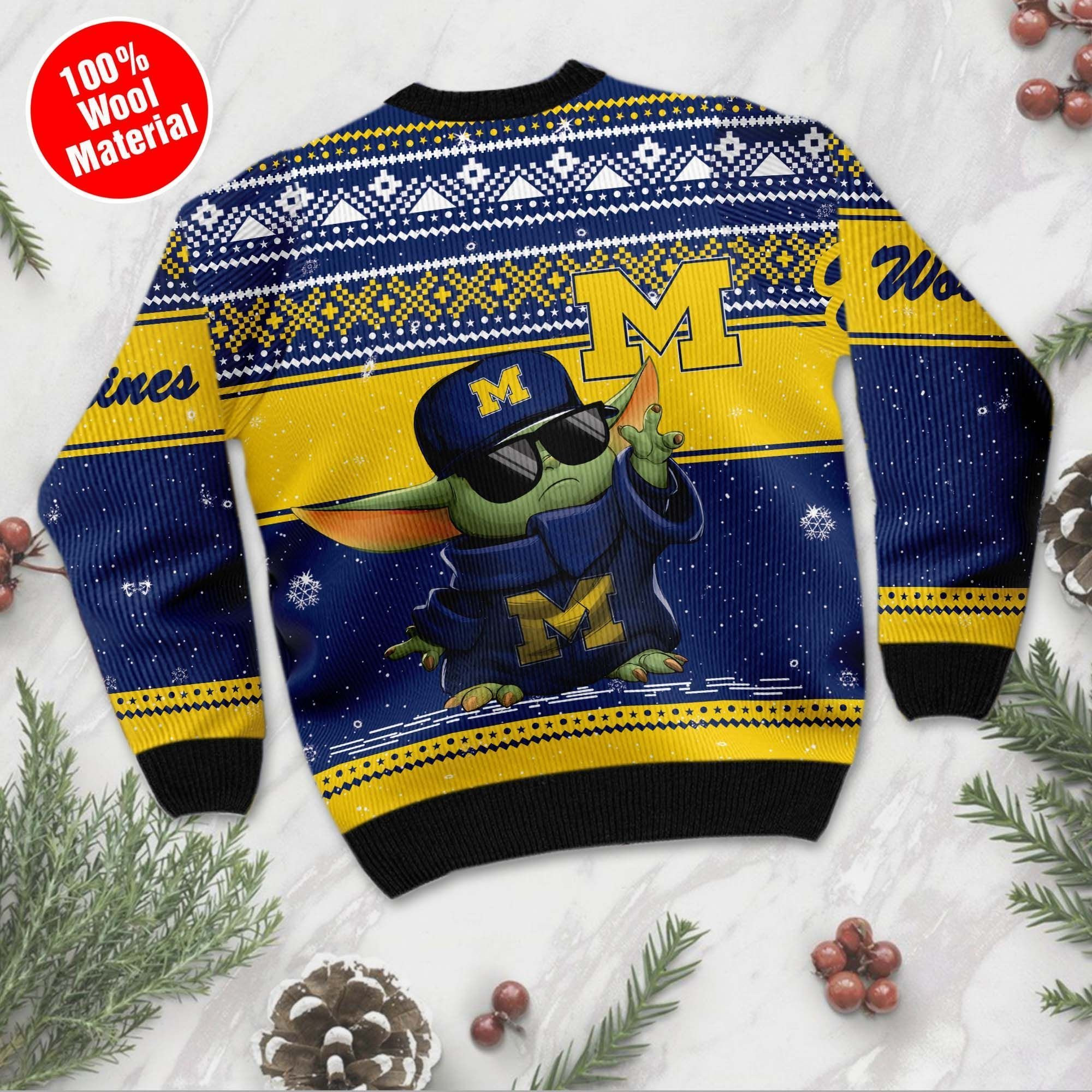 Michigan Wolverines Grogu Baby Yoda Hug Logo Ugly Christmas Sweater - Image 3
