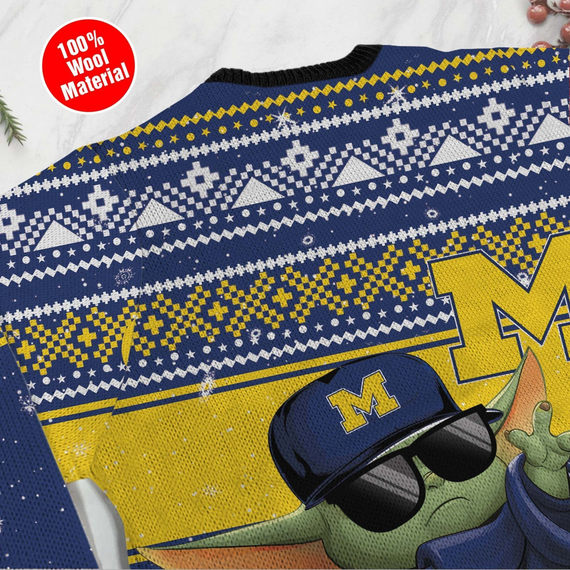 Michigan Wolverines Grogu Baby Yoda Hug Logo Ugly Christmas Sweater - Image 5