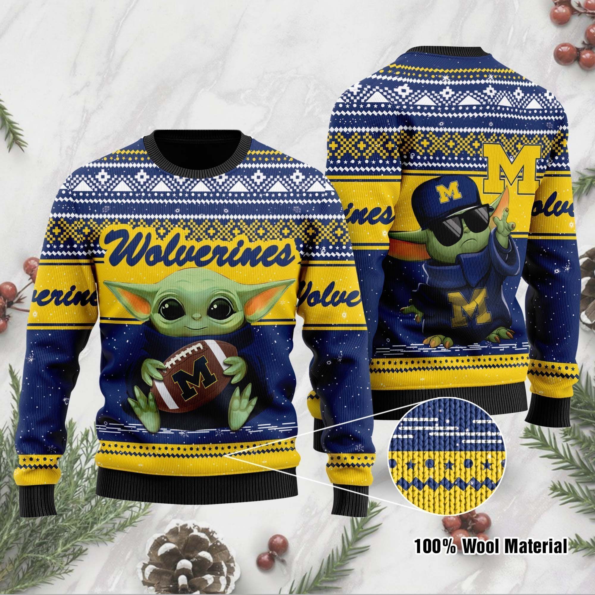 Michigan Wolverines Grogu Baby Yoda Hug Logo Ugly Christmas Sweater Party