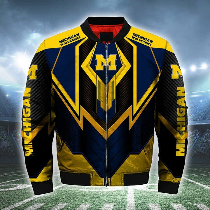 Michigan Wolverines Navy Blue Maize Bomber Jacket | NCAA College Team Jacket for Men & Women | Sports Fan Gift
