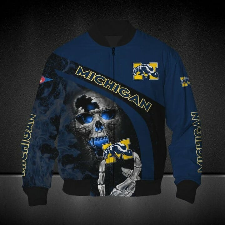 Michigan Wolverines Navy Blue Skull Bomber Jacket | NCAA College Team Jacket for Men & Women | Sports Fan Gift