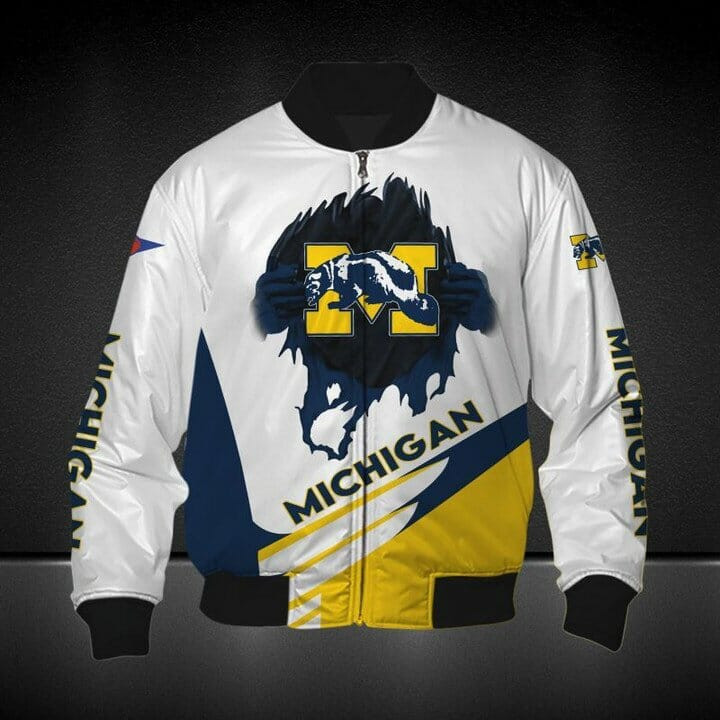Michigan Wolverines White Maize Bomber Jacket | NCAA College Team Jacket for Men & Women | Sports Fan Gift