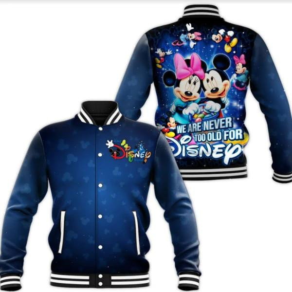 Mickey & Minnie Disney Cartoon We Are Never Too Old For Disney Baseball Jacket for Men & Women | Cartoon Fan Gift
