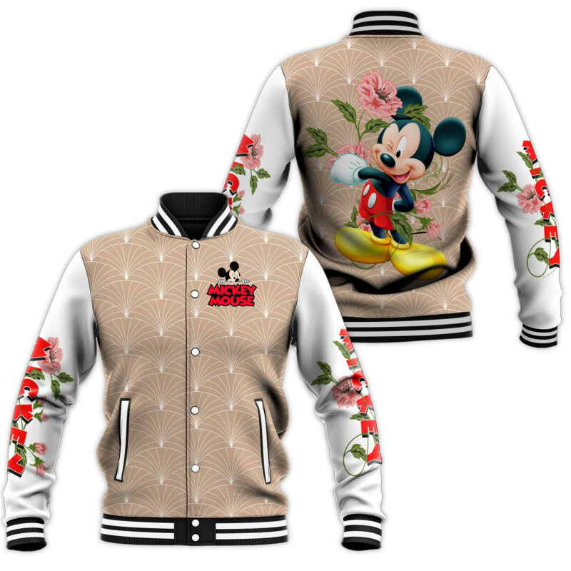 Mickey With Flower Fashion Baseball Jacket for Men & Women | Cartoon Fan Gift