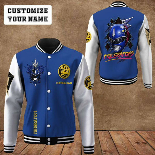 Mighty Morphin Power Ranger Blue Personalized Name Baseball Jacket for Men & Women | Superhero Fan Gift