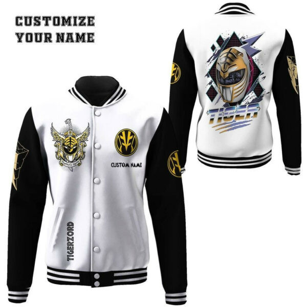 Mighty Morphin Power Ranger White Personalized Name Baseball Jacket for Men & Women | Superhero Fan Gift