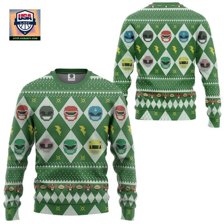 Mighty Morphin Power Rangers Argyle Pattern Ugly Christmas Sweater Green