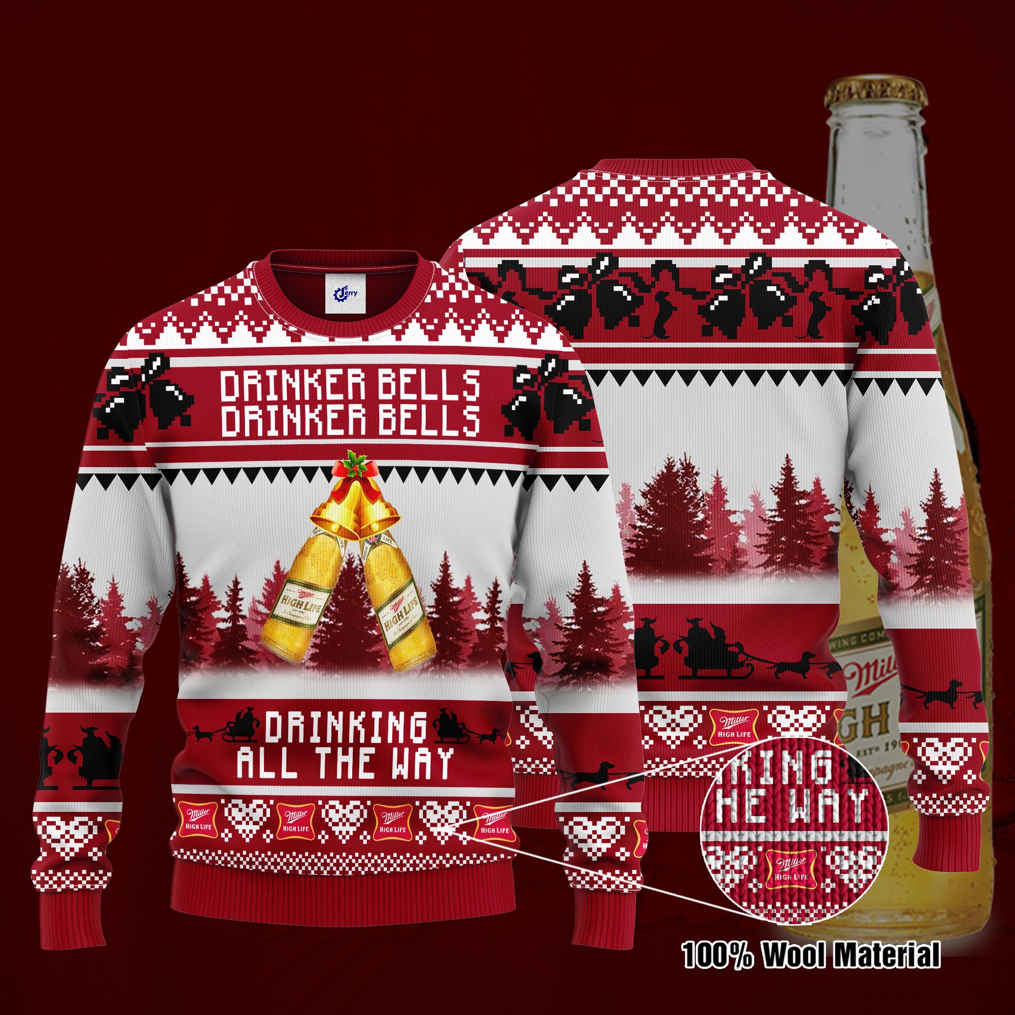 Miller High Life Drinker Bells Drinker Bells Drinking All The Way Ugly Christmas Sweater, Hoodie, Zip Hoodie, Bomber Jacket
