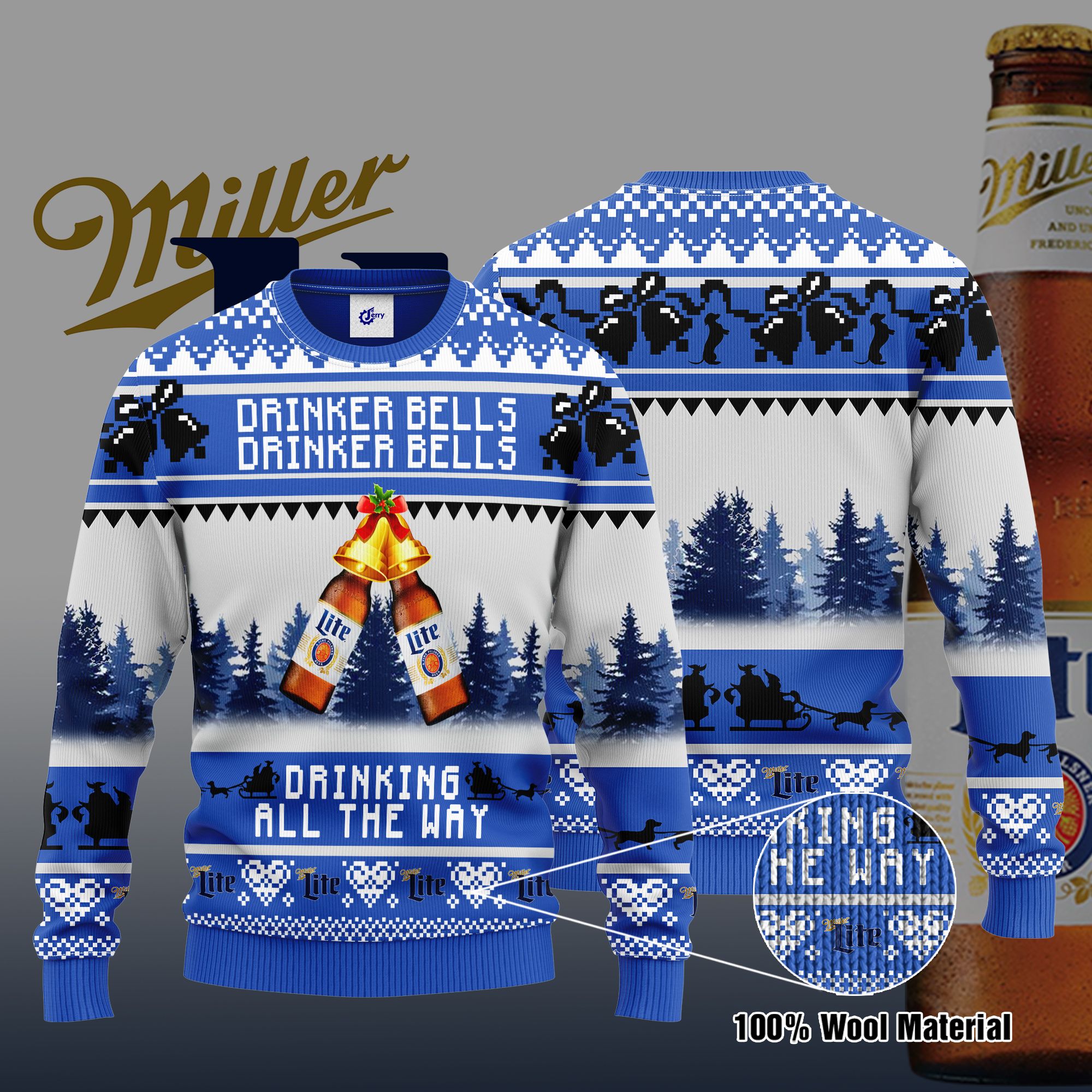 Miller Lite Drinker Bells Drinker Bells Drinking All The Way Ugly Christmas Sweater, Hoodie, Zip Hoodie, Bomber Jacket