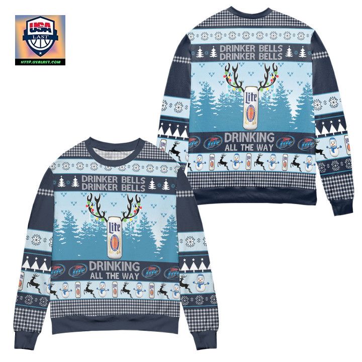 Miller Lite Drinker Bells Drinking All The Way Ugly Christmas Sweater Blue