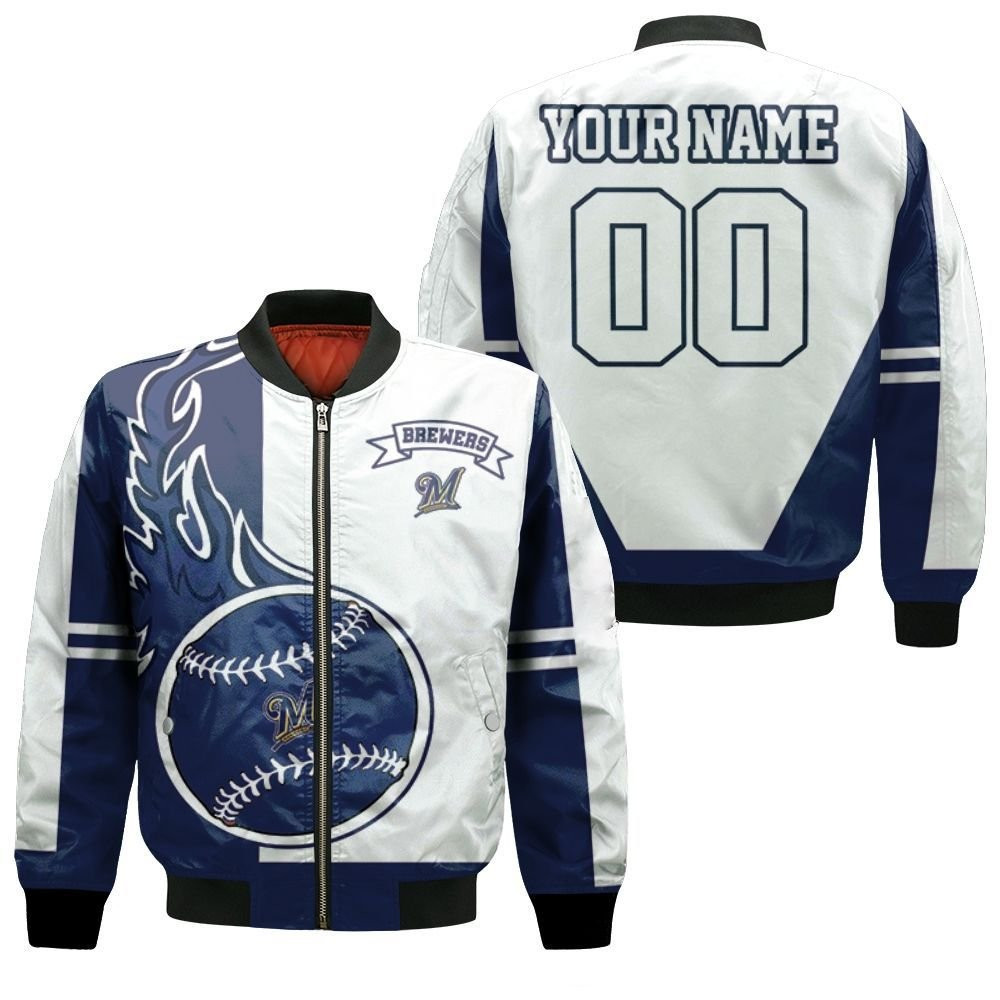 Milwaukee Brewers Personalized Name Number White Navy Blue Bomber Jacket | MLB Team Jacket for Men & Women | Baseball Fan Gift