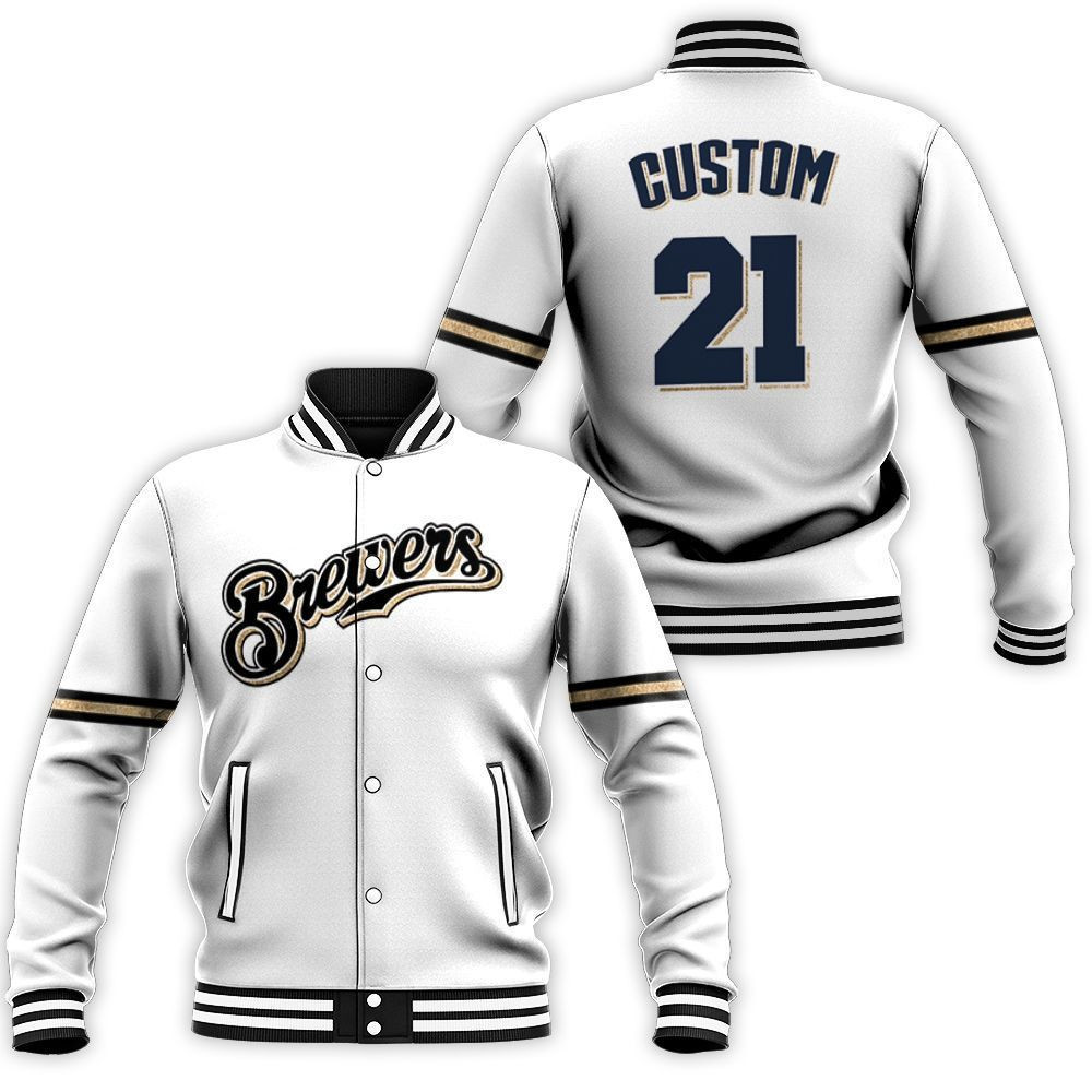 Milwaukee Brewers Personalized Name Number White Varsity Baseball Jacket for Men & Women | MLB Team Fan Gift