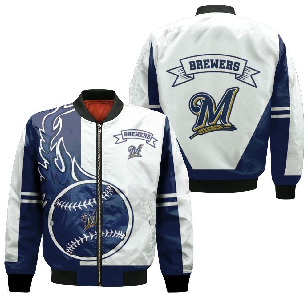 Milwaukee Brewers White Navy Blue Bomber Jacket | MLB Team Jacket for Men & Women | Baseball Fan Gift