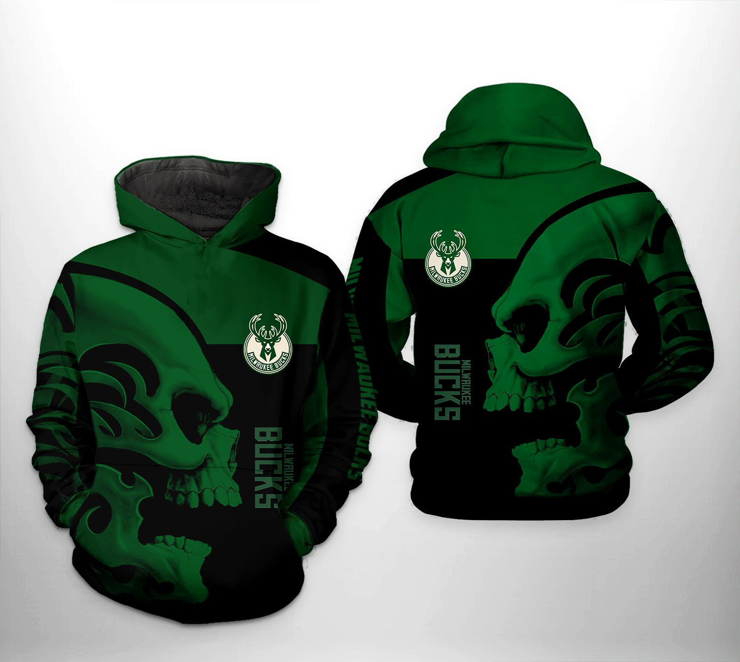 Milwaukee Bucks NBA Skull Team 3D All Over Print Hoodie & Zip Hoodie