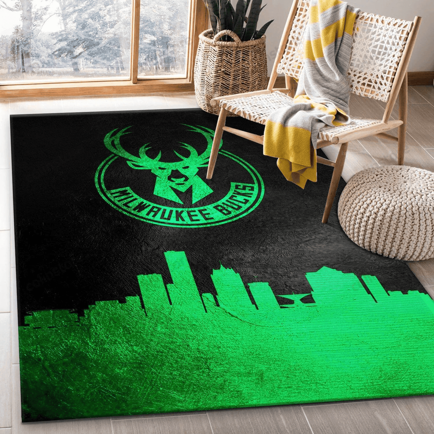 Milwaukee Bucks Skyline Team Logo Rectangle Area Rug – Full Print Carpet For Living Room & Bedroom Home Decor