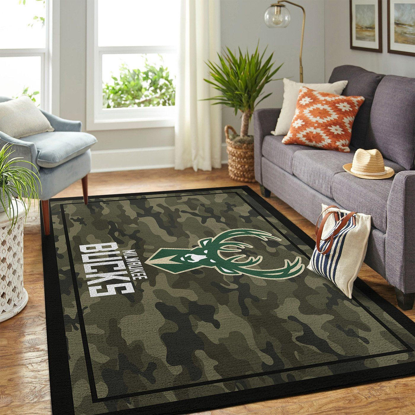 Milwaukee Bucks Team Logo Camo Rectangle Area Rug – Full Print Carpet For Living Room & Bedroom Home Decor