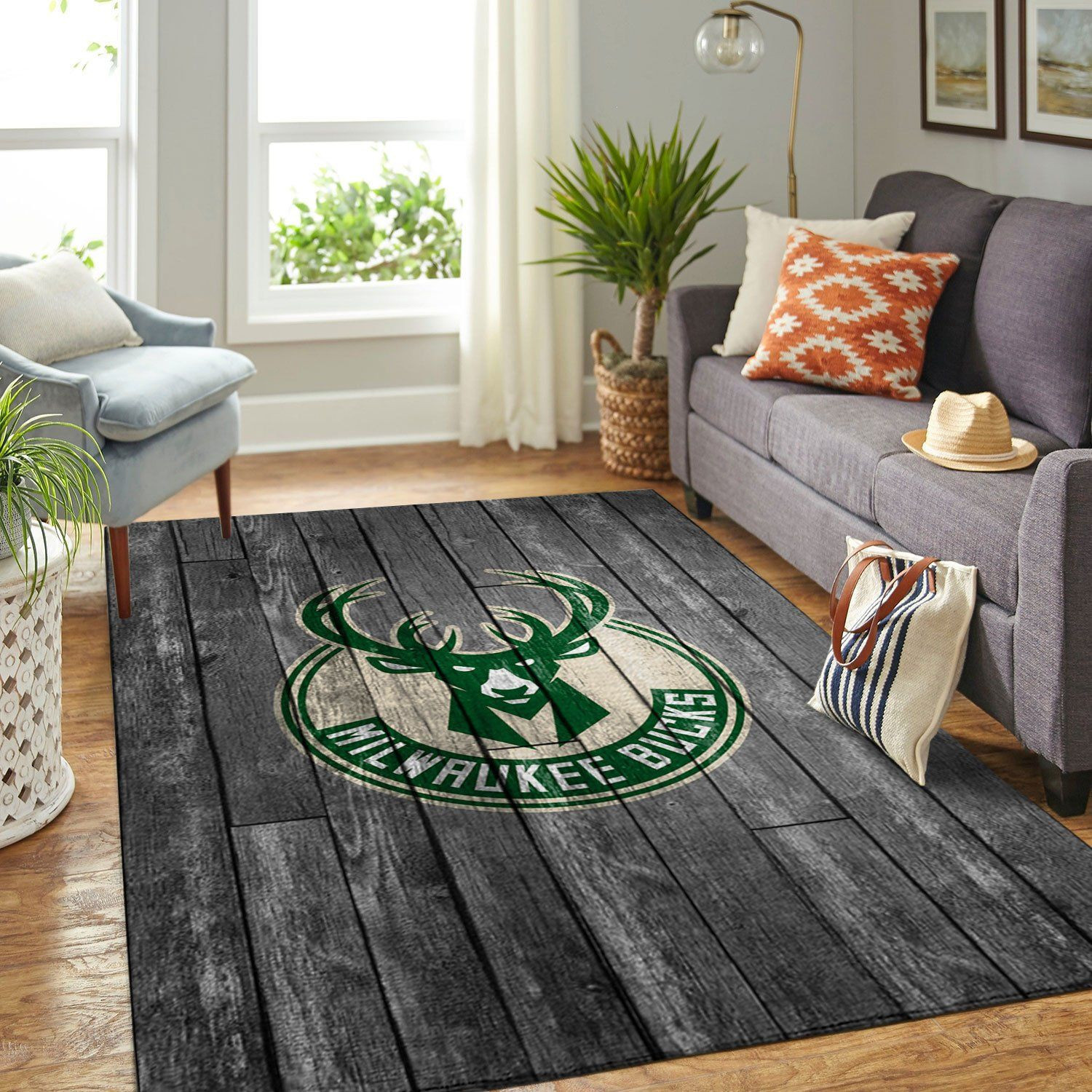 Milwaukee Bucks Team Logo Grey Wooden Rectangle Area Rug – Full Print Carpet For Living Room & Bedroom Home Decor