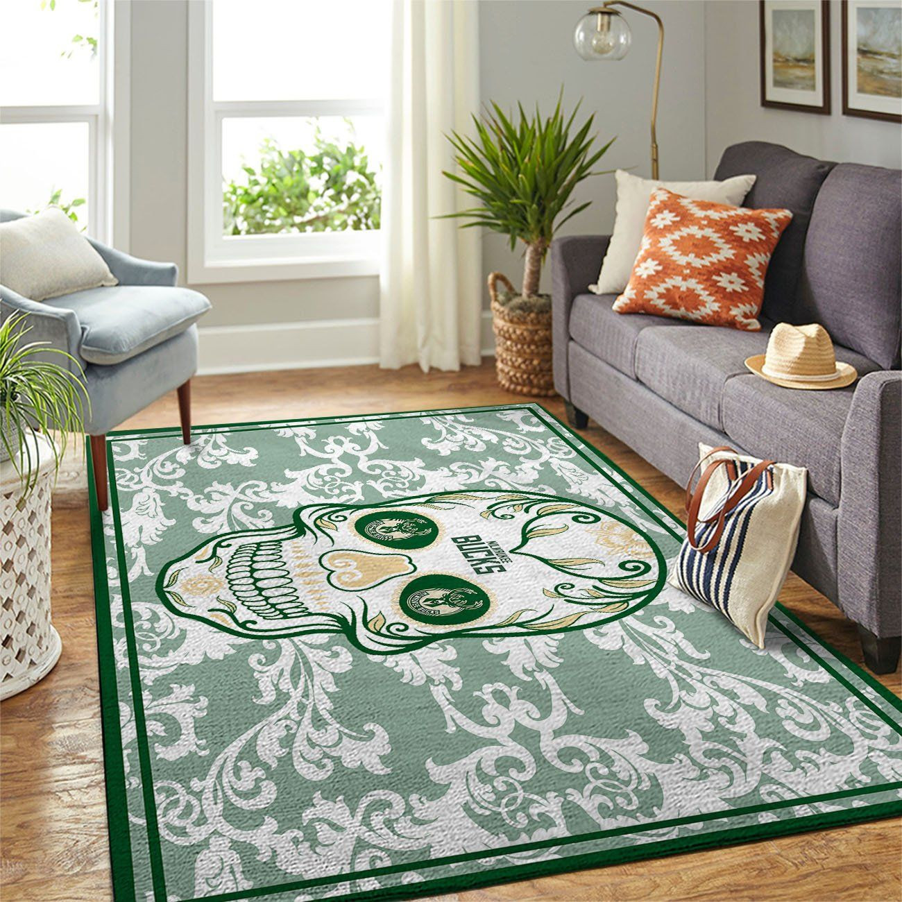Milwaukee Bucks Team Logo Skull Flower Rectangle Area Rug – Full Print Carpet For Living Room & Bedroom Home Decor