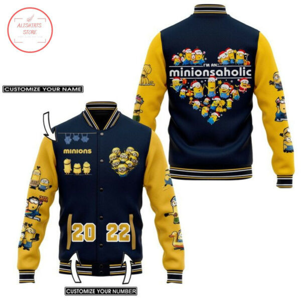 Minionsaholic Heart Christmas Personalized Baseball Jacket for Men & Women | Cartoon Fan Gift