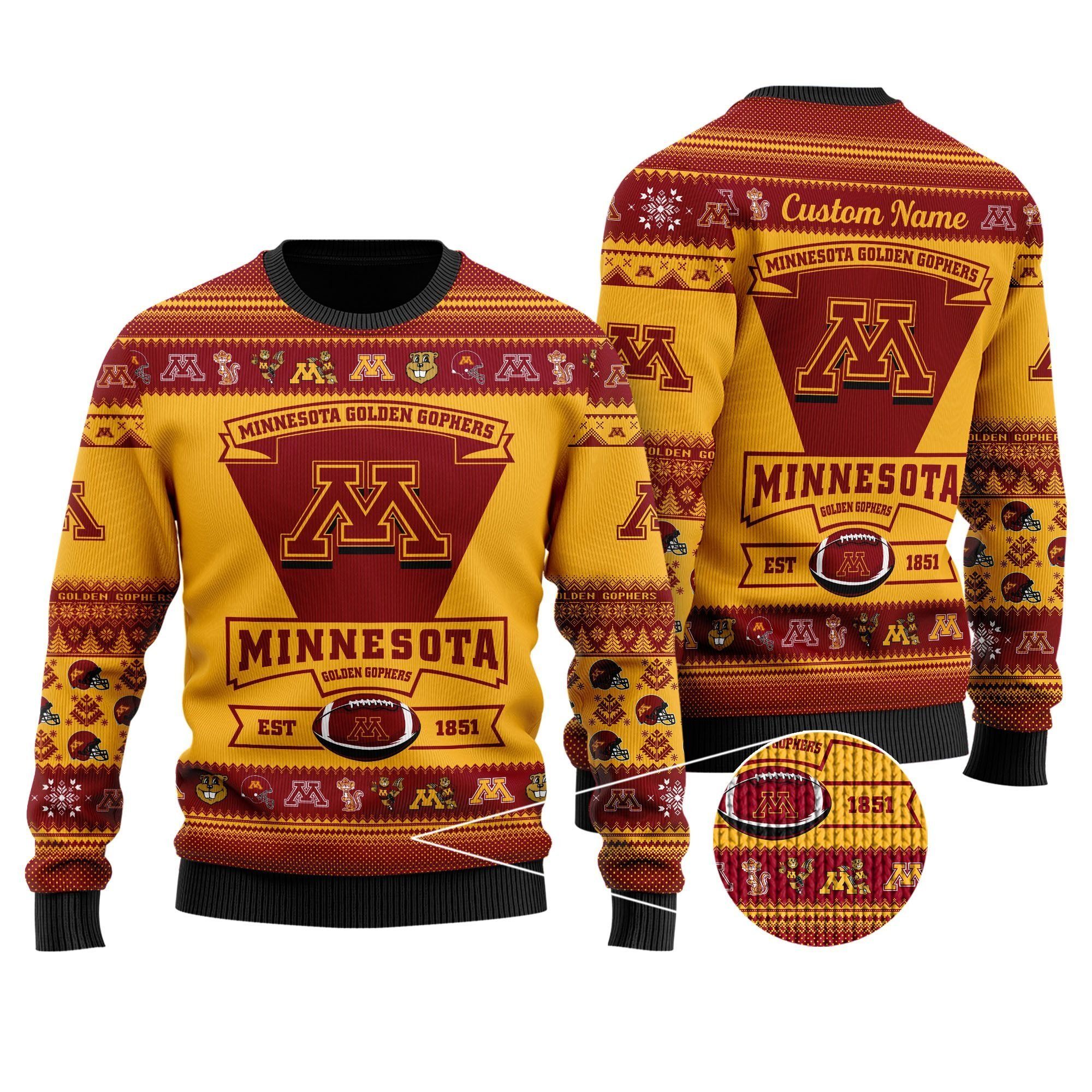 Minnesota Golden Gophers Football Team Logo Custom Name Personalized Ugly Christmas Sweater Holiday Party Men Women Plus Size