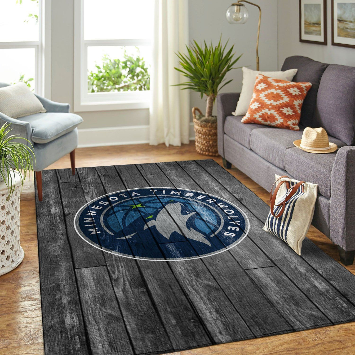 Minnesota Timberwolves Team Logo Grey Wooden Rectangle Area Rug – Full Print Carpet For Living Room & Bedroom Home Decor