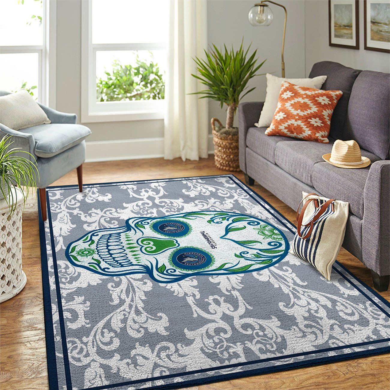 Minnesota Timberwolves Team Logo Skull Flower Rectangle Area Rug – Full Print Carpet For Living Room & Bedroom Home Decor