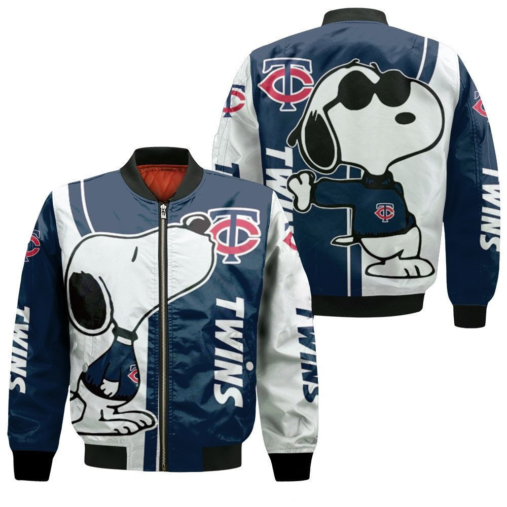 Minnesota Twins Snoopy White Navy Blue Bomber Jacket | MLB Team Jacket for Men & Women | Baseball Fan Gift