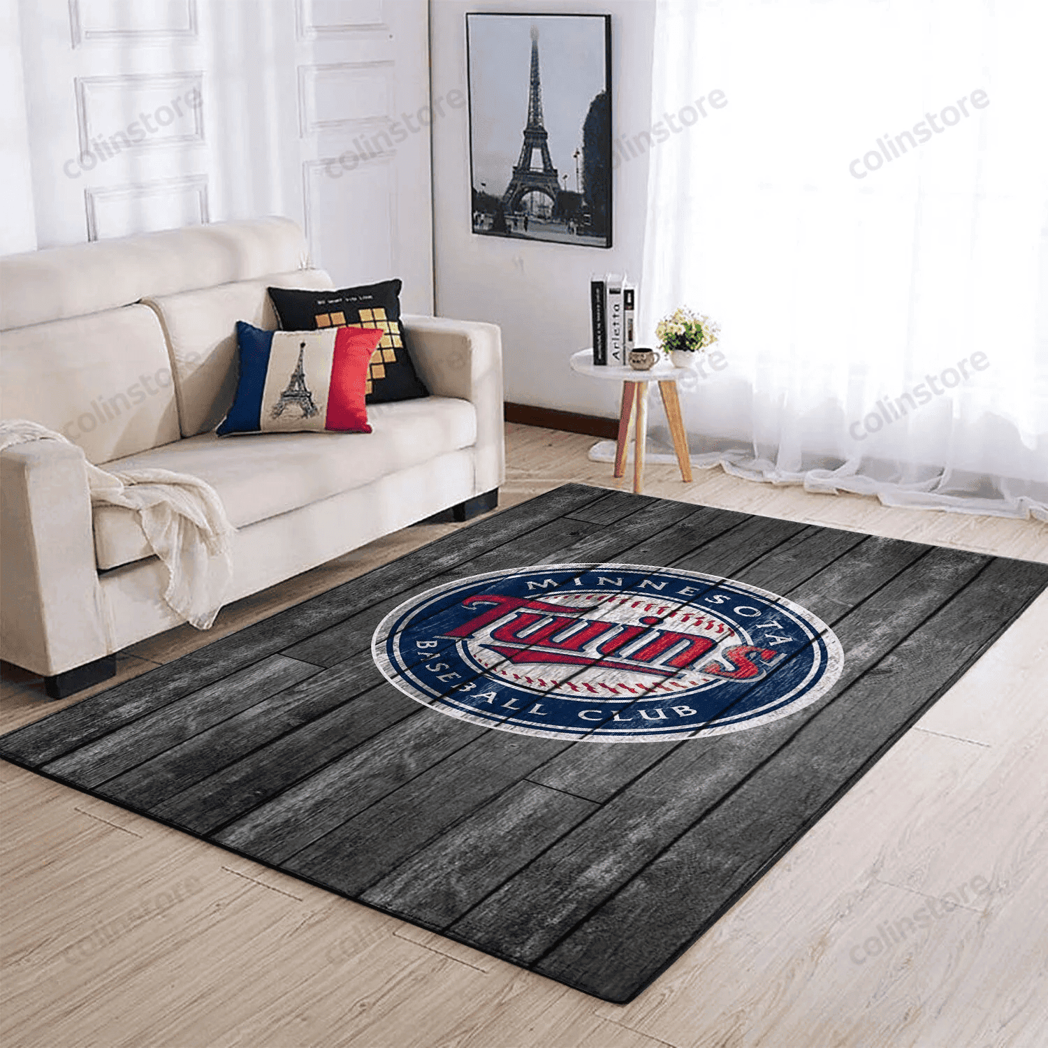 Minnesota Twins Team Logo Grey Wooden Rectangle Area Rug – Full Print Carpet For Living Room & Bedroom Home Decor
