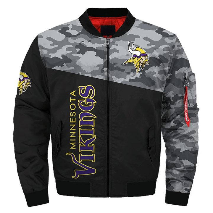 Minnesota Vikings Black Camo Bomber Jacket | NFL Team Jacket for Men & Women | Football Fan Gift