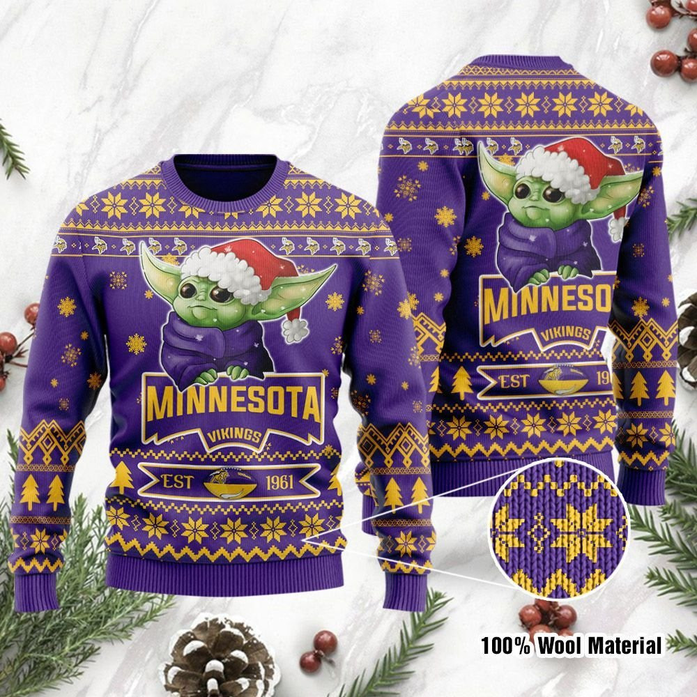 Minnesota Vikings Cute Baby Yoda Grogu Holiday Party Ugly Christmas Sweater, Perfect Holiday Gift