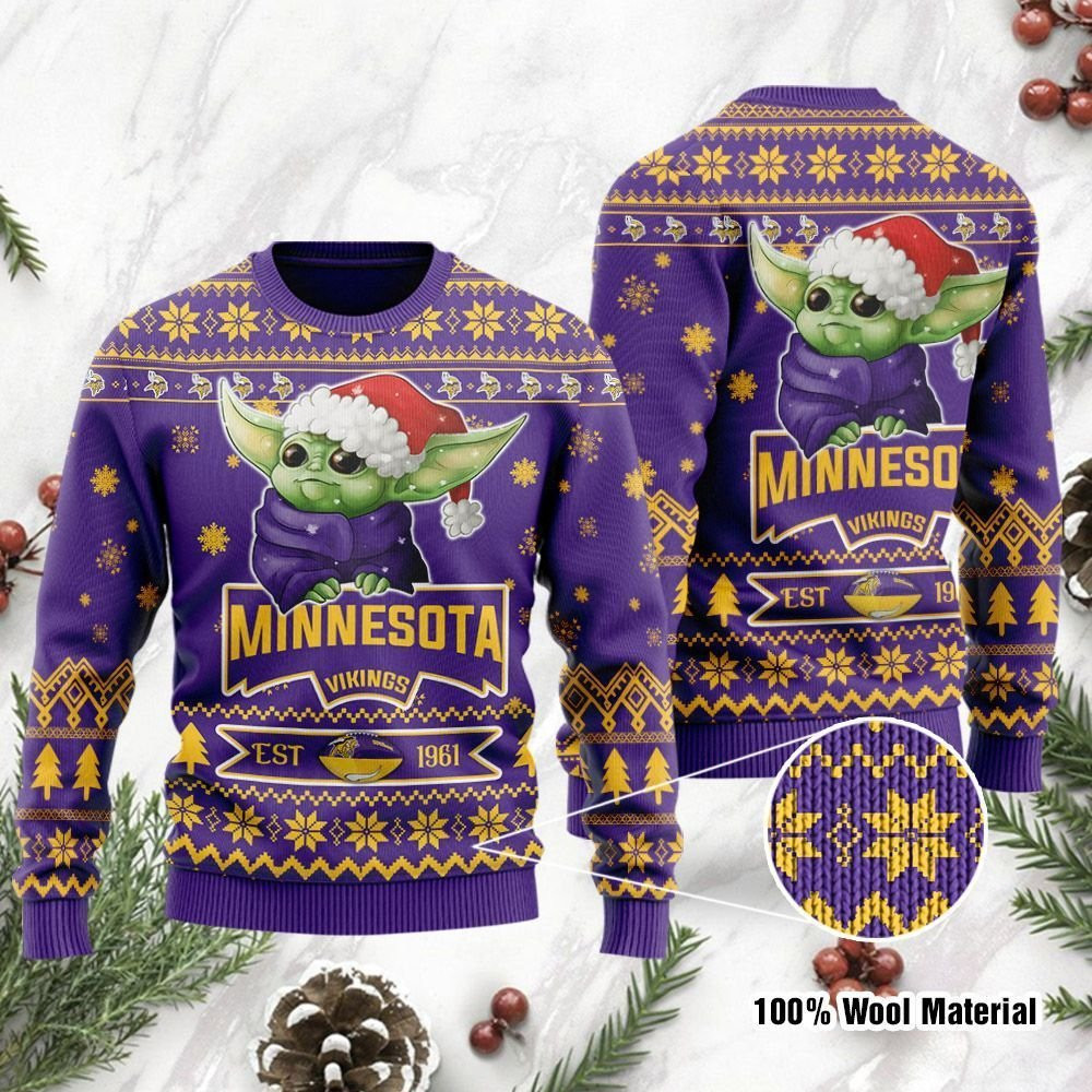 Minnesota Vikings Cute Baby Yoda Grogu Ugly Christmas Sweater, Perfect Holiday Gift