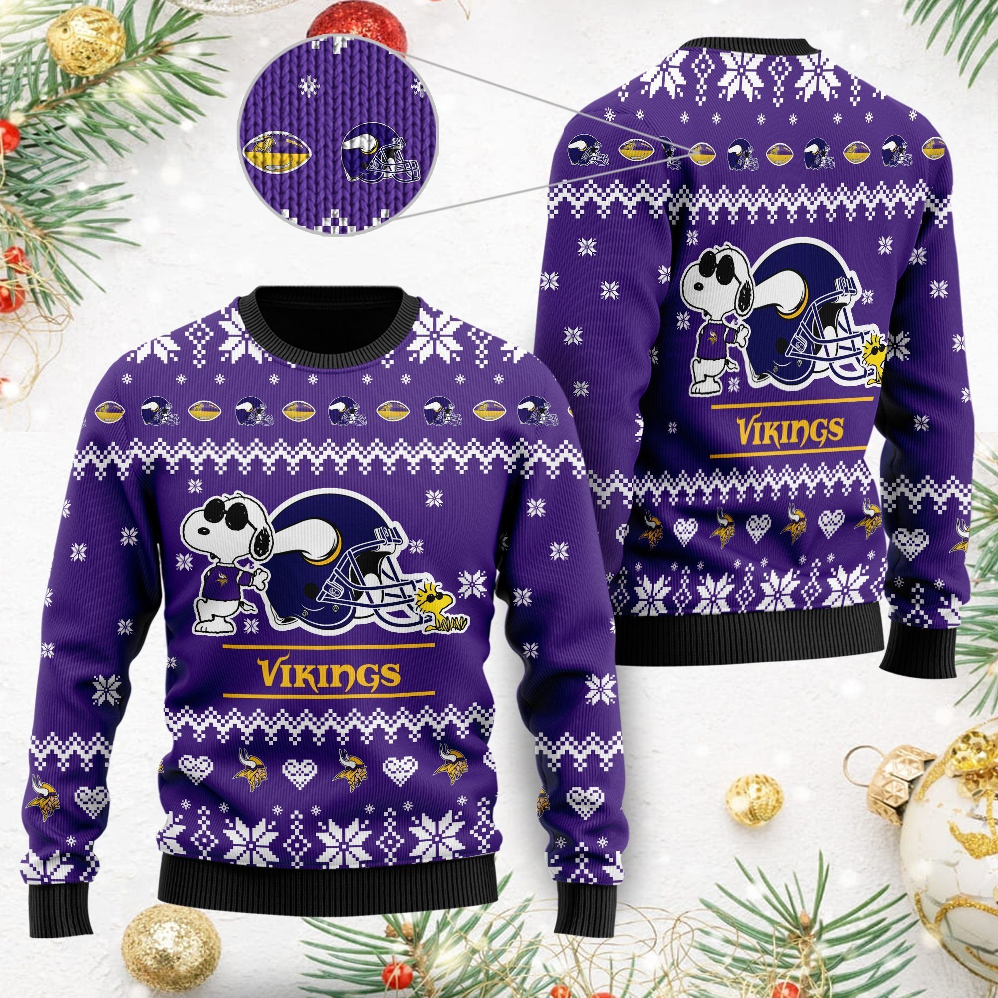 Minnesota Vikings Cute The Snoopy Show Football Helmet 3D All Over Print Ugly Christmas Sweater For American Football Players And Fans On Christmas Days