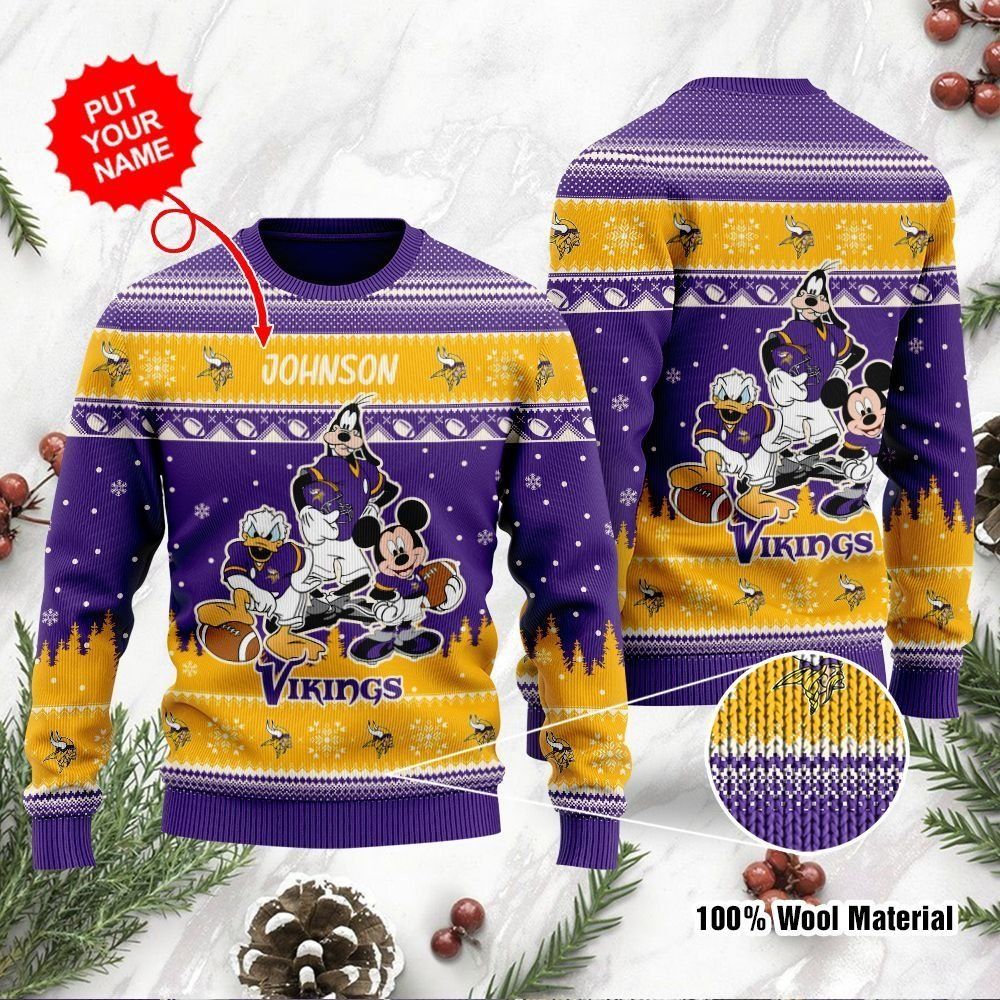 Minnesota Vikings Disney Donald Duck Mickey Mouse Goofy Custom Name Personalized Ugly Christmas Sweater Holiday Party For Men Women