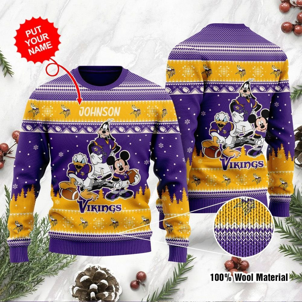 Minnesota Vikings Disney Donald Duck Mickey Mouse Goofy Personalized Ugly Christmas Sweater, Perfect Holiday Gift